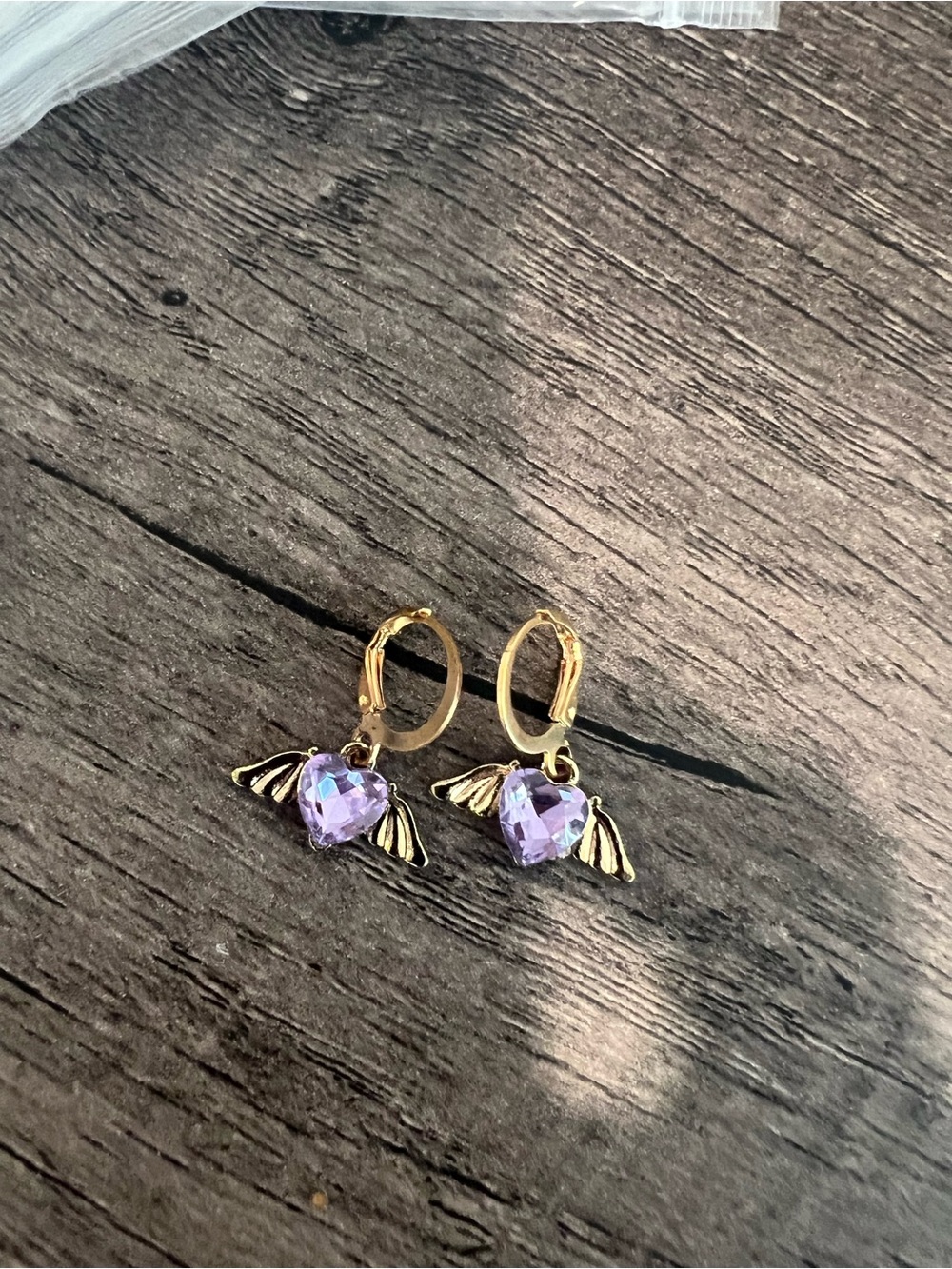 Gold Hoop Earrings with Lilac Heart Crystal and Wing Charms